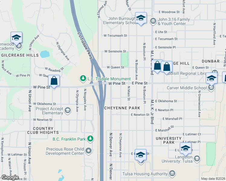 map of restaurants, bars, coffee shops, grocery stores, and more near 207 West Oklahoma Street in Tulsa