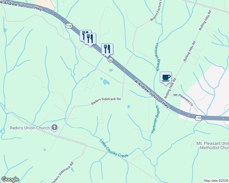 map of restaurants, bars, coffee shops, grocery stores, and more near 217 Raders Sidetrack Road in Greeneville