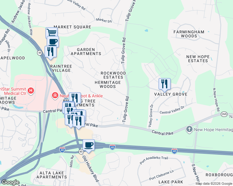 map of restaurants, bars, coffee shops, grocery stores, and more near 1316 Tulip Grove Road in Nashville