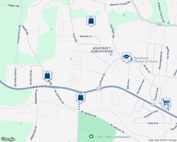 map of restaurants, bars, coffee shops, grocery stores, and more near 1325 Crescent Drive in Cookeville