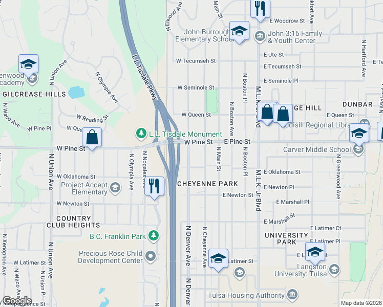map of restaurants, bars, coffee shops, grocery stores, and more near 207 West Oklahoma Street in Tulsa