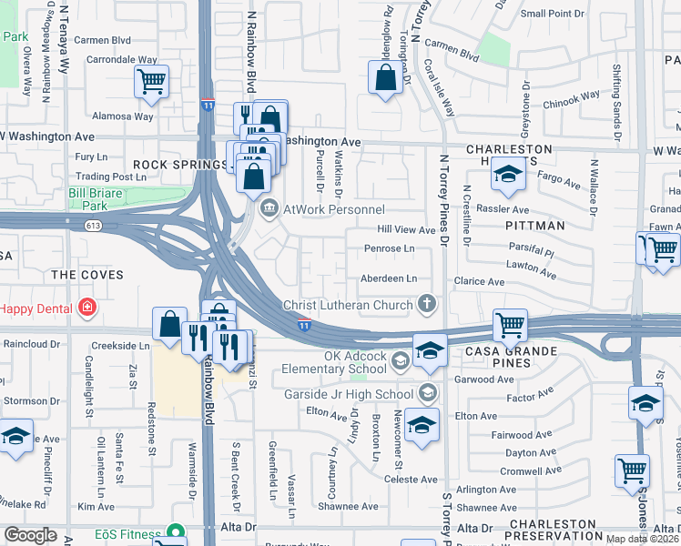 map of restaurants, bars, coffee shops, grocery stores, and more near 205 Talmage Street in Las Vegas