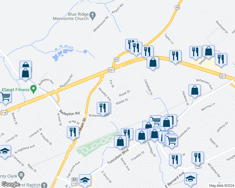 map of restaurants, bars, coffee shops, grocery stores, and more near 133 Fry Street in Greeneville