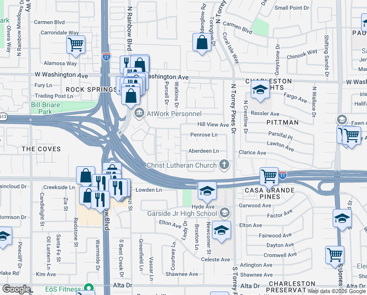 map of restaurants, bars, coffee shops, grocery stores, and more near 205 Talmage Street in Las Vegas