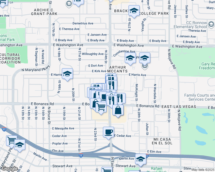 map of restaurants, bars, coffee shops, grocery stores, and more near 640 Poppy Lane in Las Vegas