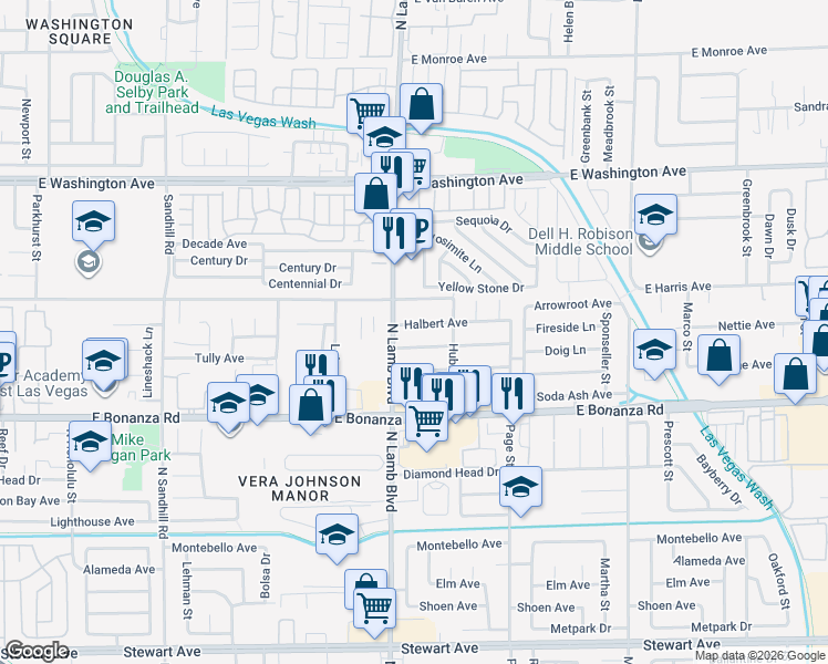 map of restaurants, bars, coffee shops, grocery stores, and more near 4421 Halbert Avenue in Las Vegas