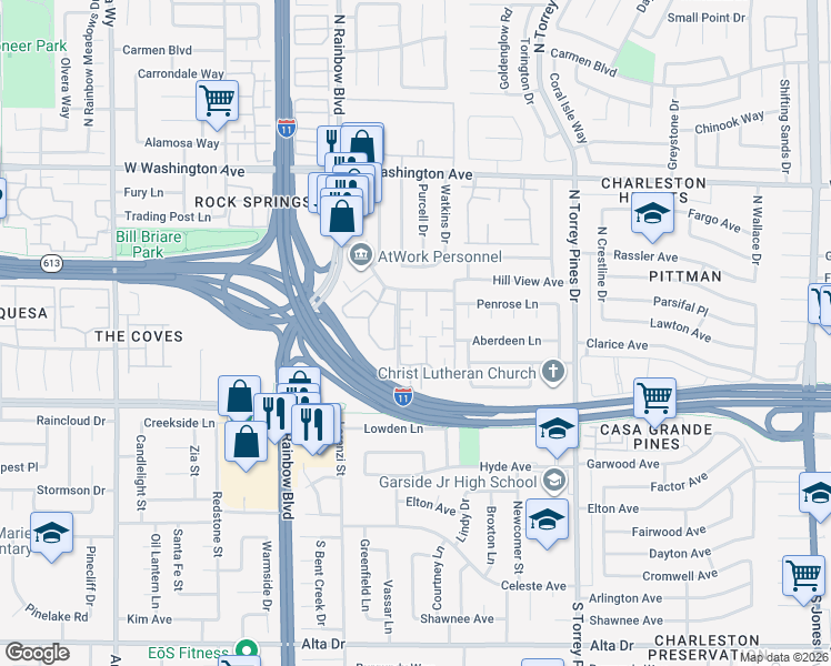 map of restaurants, bars, coffee shops, grocery stores, and more near 200 Brookside Lane in Las Vegas
