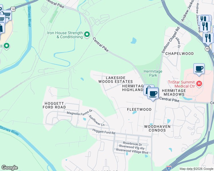 map of restaurants, bars, coffee shops, grocery stores, and more near 3632 Pierside Drive in Nashville