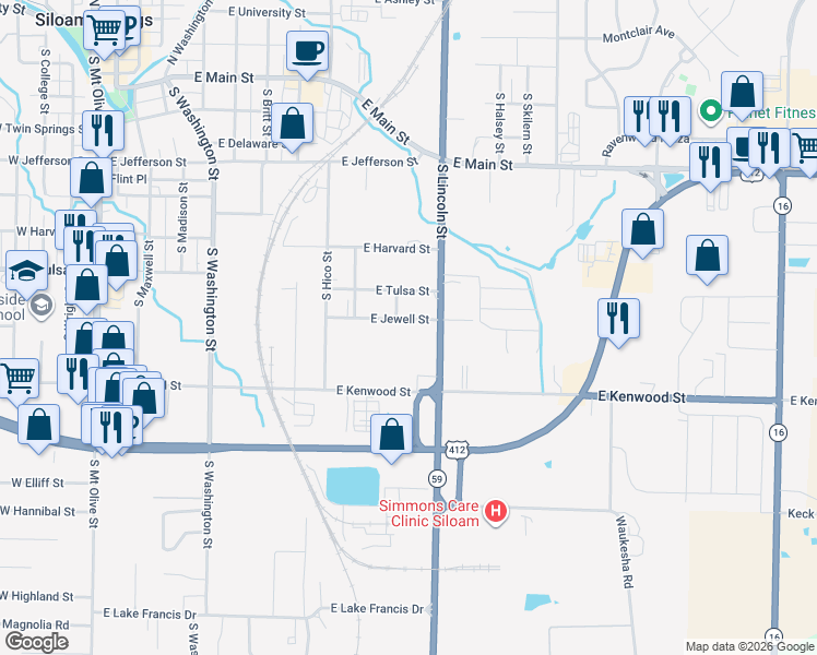 map of restaurants, bars, coffee shops, grocery stores, and more near 990 South Lincoln Street in Siloam Springs