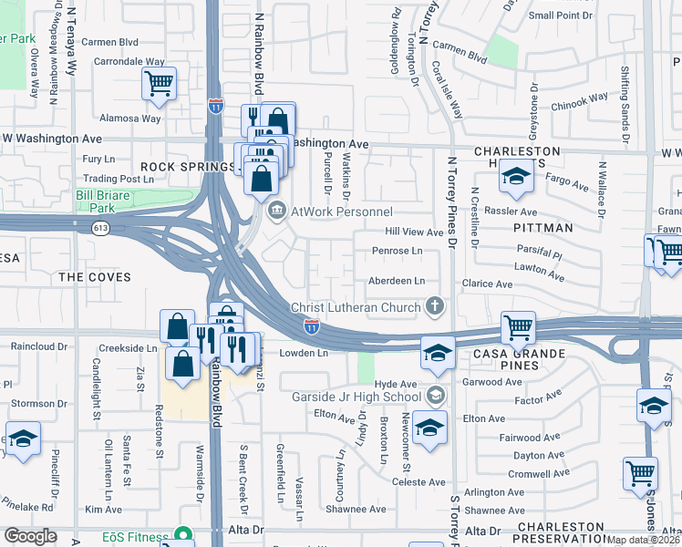 map of restaurants, bars, coffee shops, grocery stores, and more near 250 Shadybrook Lane in Las Vegas