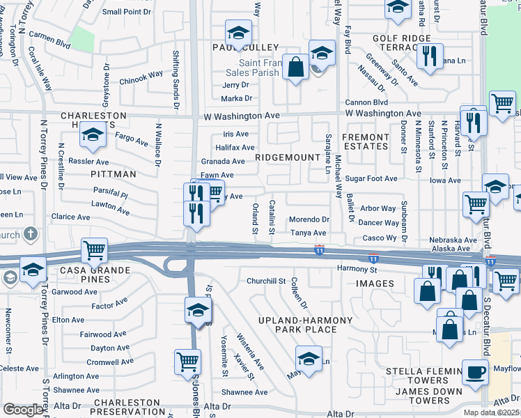 map of restaurants, bars, coffee shops, grocery stores, and more near 304 Orland Street in Las Vegas
