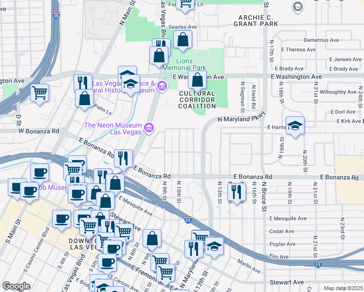 map of restaurants, bars, coffee shops, grocery stores, and more near 636 North 10th Street in Las Vegas