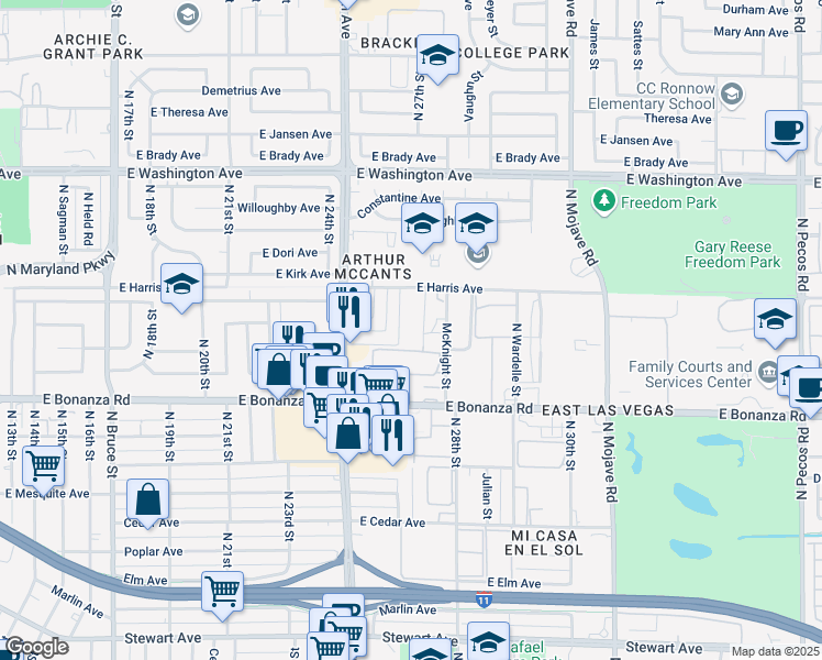 map of restaurants, bars, coffee shops, grocery stores, and more near 653 McKnight Street in Las Vegas