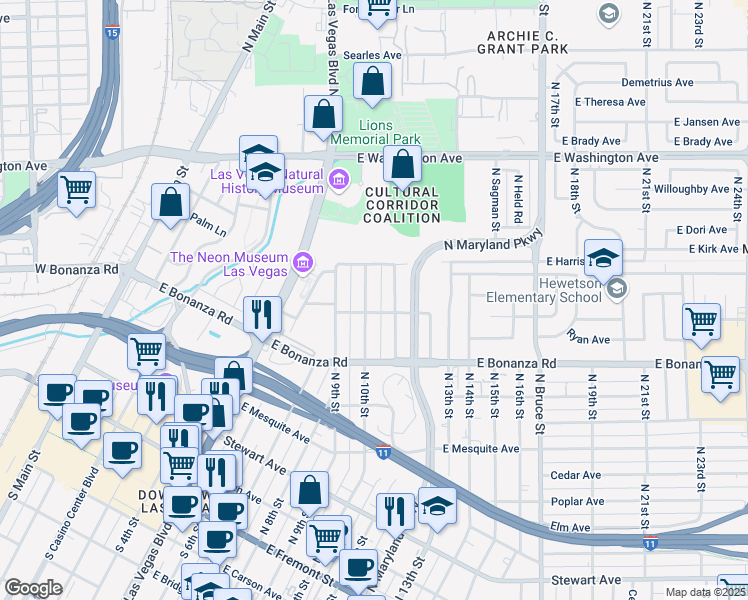 map of restaurants, bars, coffee shops, grocery stores, and more near 636 North 10th Street in Las Vegas