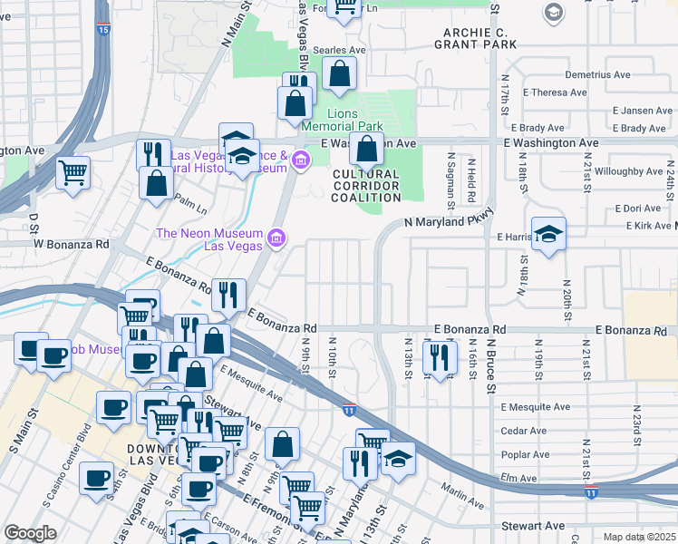 map of restaurants, bars, coffee shops, grocery stores, and more near 636 North 10th Street in Las Vegas