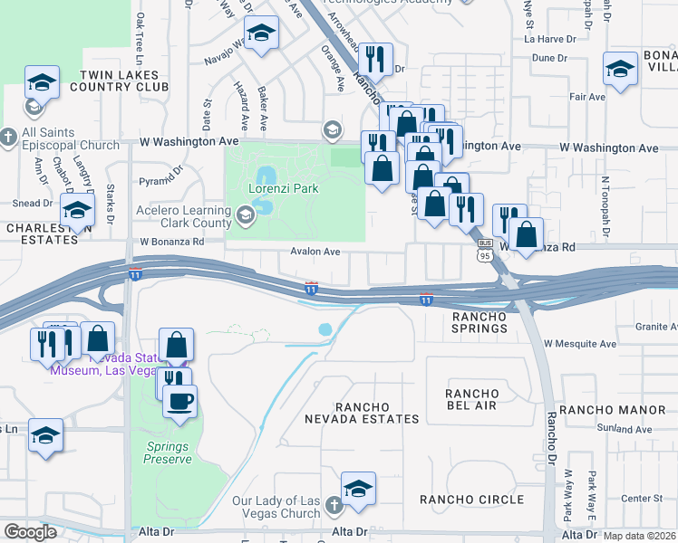 map of restaurants, bars, coffee shops, grocery stores, and more near 204 Orchid Drive in Las Vegas