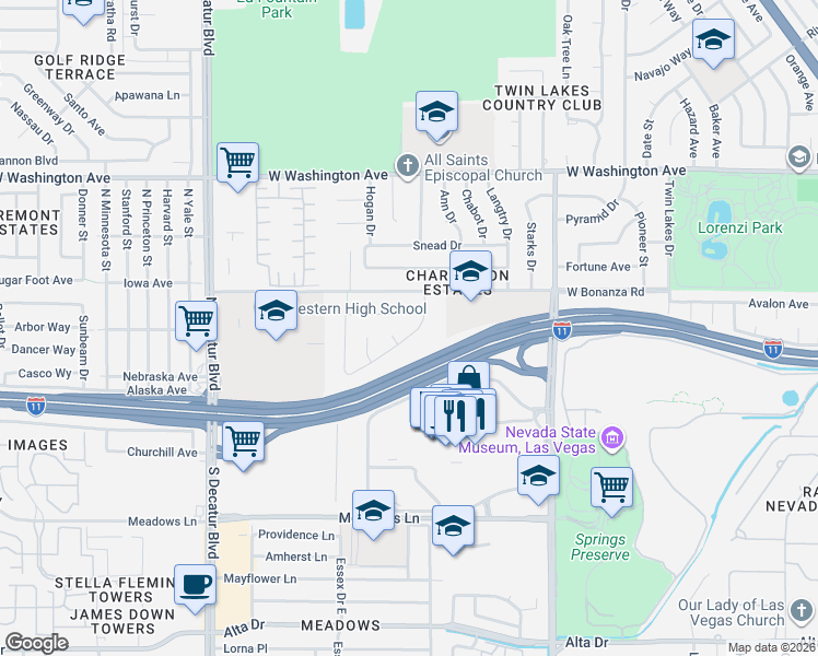 map of restaurants, bars, coffee shops, grocery stores, and more near 320 Estella Avenue in Las Vegas