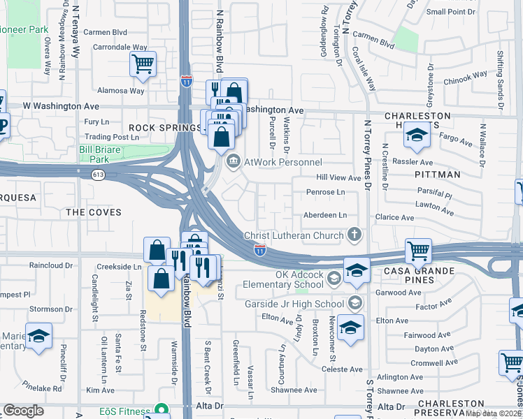 map of restaurants, bars, coffee shops, grocery stores, and more near 200 Brookside Lane in Las Vegas