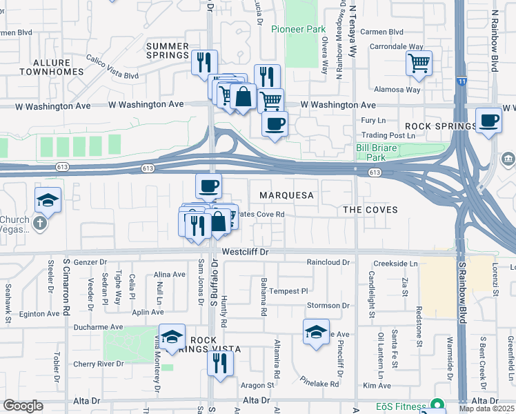 map of restaurants, bars, coffee shops, grocery stores, and more near 101 Luna Way in Las Vegas