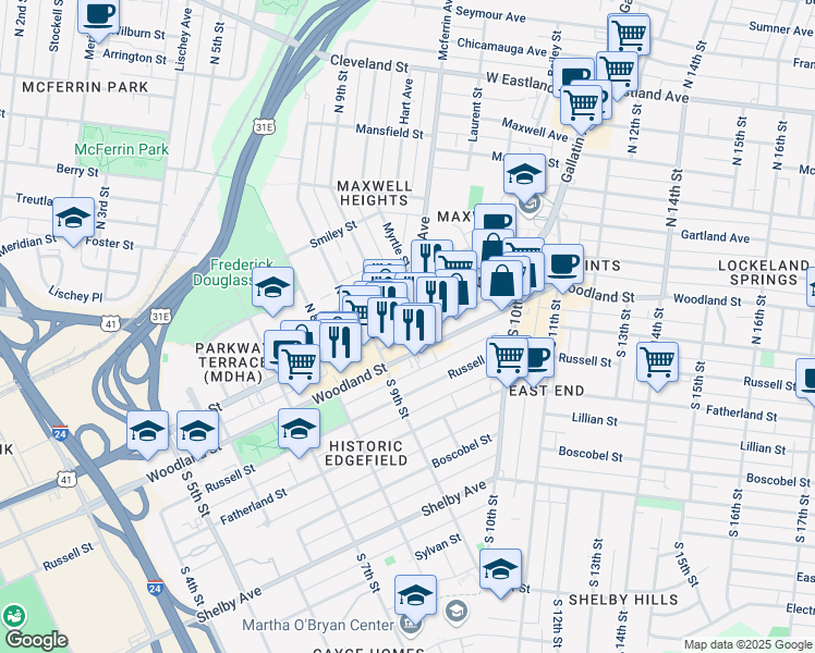 map of restaurants, bars, coffee shops, grocery stores, and more near 917 Woodland Street in Nashville