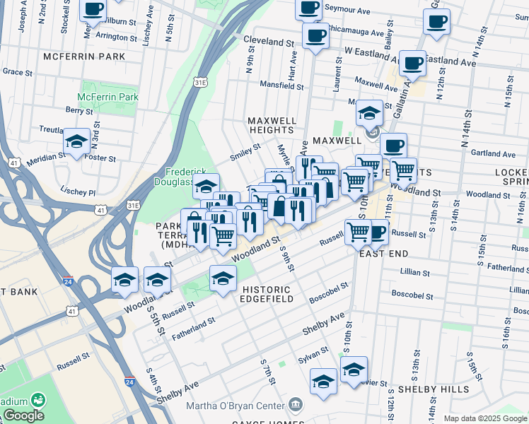 map of restaurants, bars, coffee shops, grocery stores, and more near 826 Main Street in Nashville