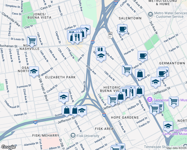 map of restaurants, bars, coffee shops, grocery stores, and more near 1522 Mary Street in Nashville