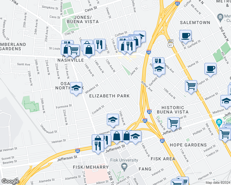 map of restaurants, bars, coffee shops, grocery stores, and more near in Nashville
