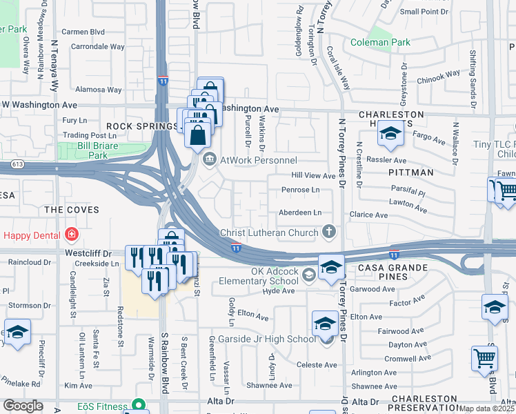 map of restaurants, bars, coffee shops, grocery stores, and more near 250 Shadybrook Lane in Las Vegas