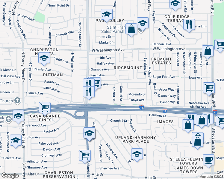 map of restaurants, bars, coffee shops, grocery stores, and more near 301 Orland Street in Las Vegas