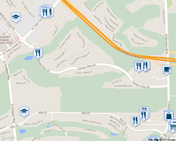 map of restaurants, bars, coffee shops, grocery stores, and more near 300 Highland Mesa Court in Las Vegas