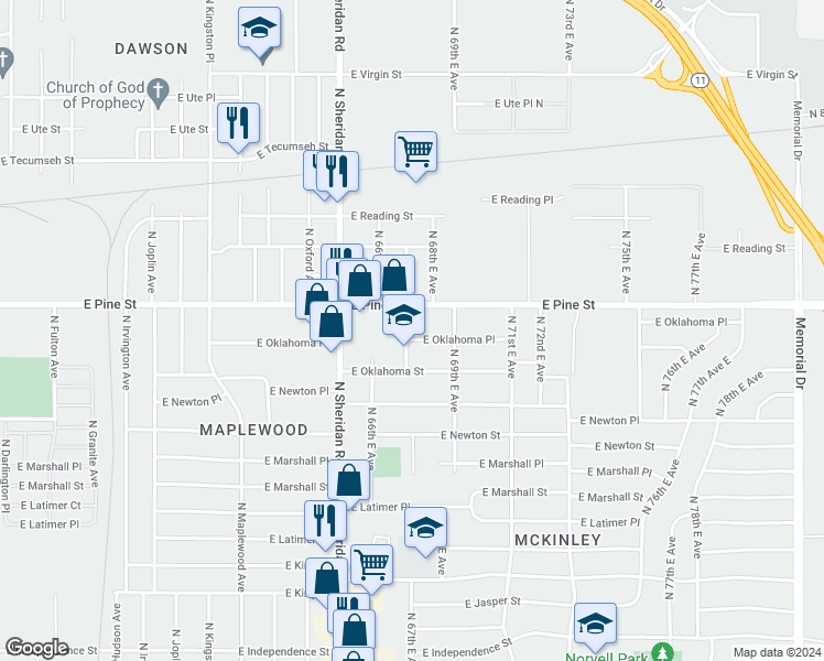 map of restaurants, bars, coffee shops, grocery stores, and more near 1433 North 67th East Avenue in Tulsa
