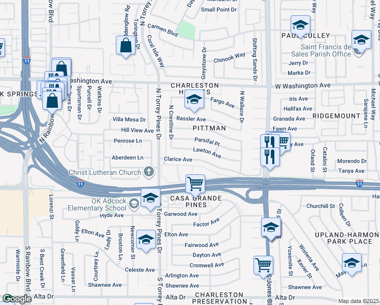 map of restaurants, bars, coffee shops, grocery stores, and more near 6313 Parsifal Place in Las Vegas