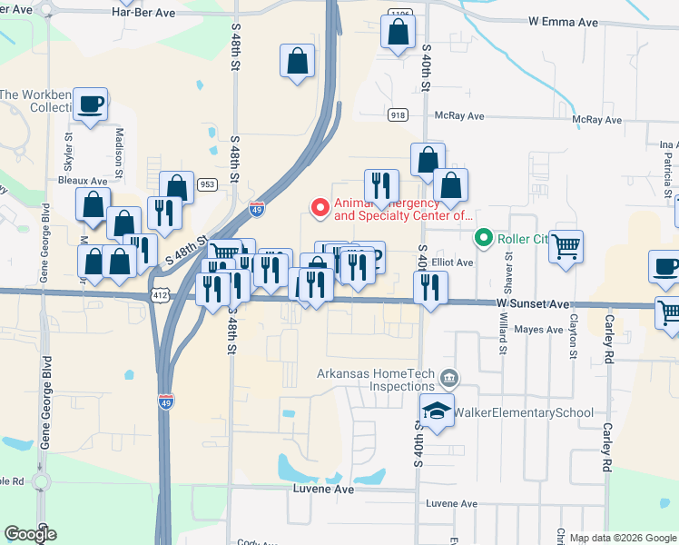 map of restaurants, bars, coffee shops, grocery stores, and more near 1056 Rieff Street in Springdale