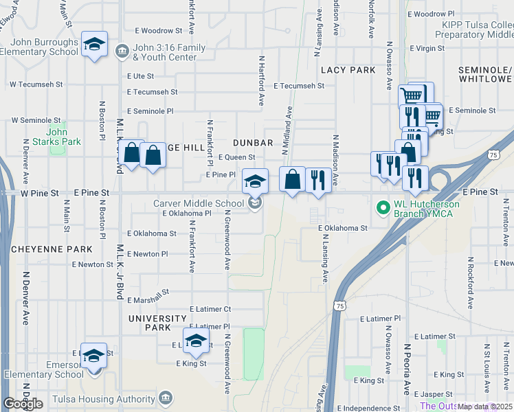 map of restaurants, bars, coffee shops, grocery stores, and more near 624 East Oklahoma Place in Tulsa