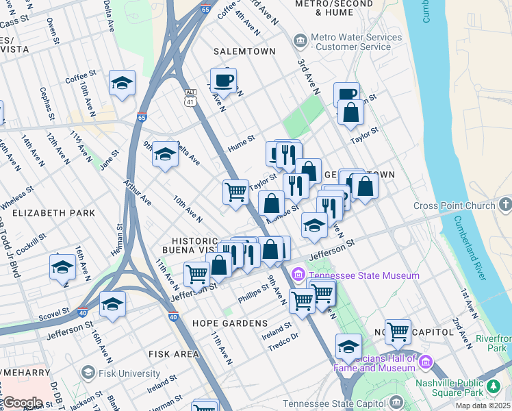 map of restaurants, bars, coffee shops, grocery stores, and more near 1312 Rosa L Parks Boulevard in Nashville