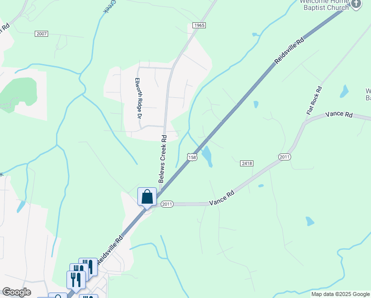 map of restaurants, bars, coffee shops, grocery stores, and more near 5397 Reidsville Road in Belews Creek