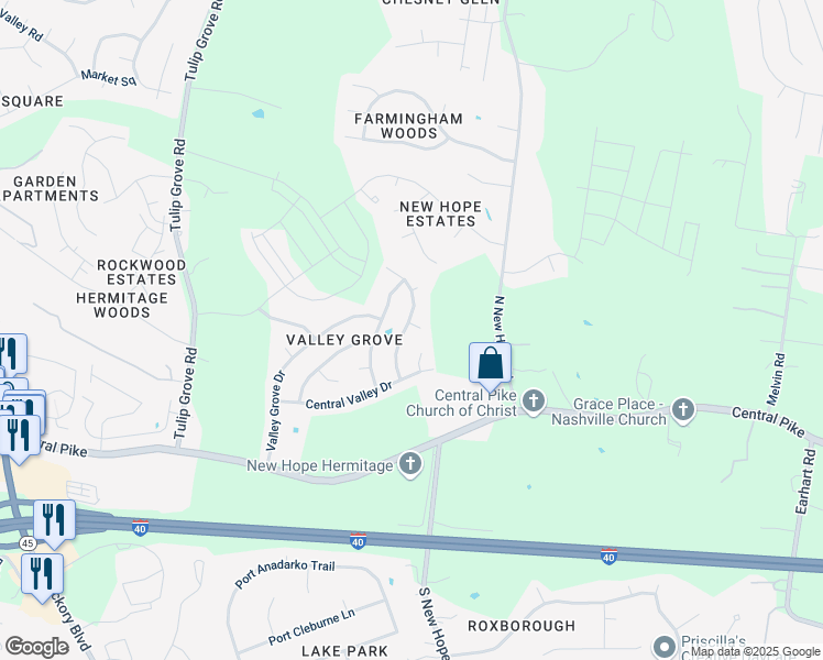 map of restaurants, bars, coffee shops, grocery stores, and more near 4651 Forest Ridge Drive in Nashville