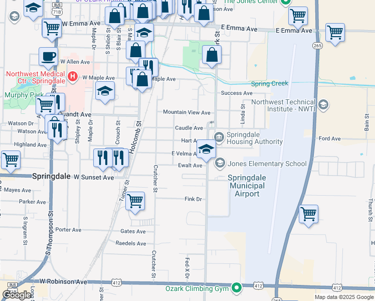 map of restaurants, bars, coffee shops, grocery stores, and more near 404 Hart Avenue in Springdale