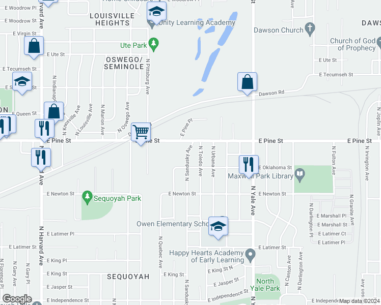 map of restaurants, bars, coffee shops, grocery stores, and more near 1427 North Sandusky Avenue in Tulsa