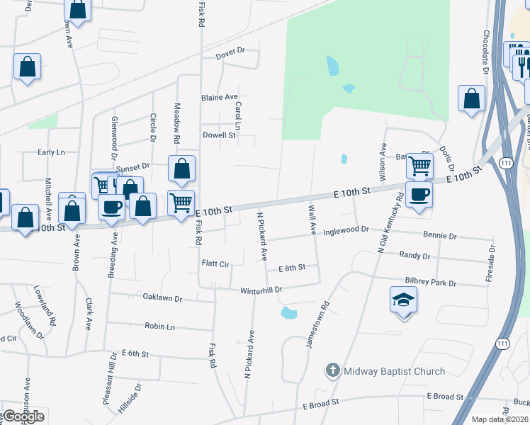 map of restaurants, bars, coffee shops, grocery stores, and more near 1227 East 10th Street in Cookeville