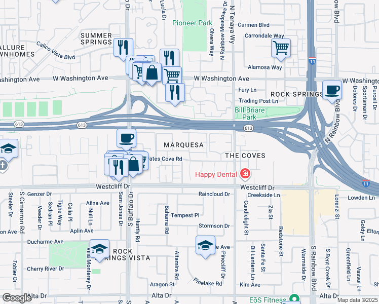 map of restaurants, bars, coffee shops, grocery stores, and more near 7200 Pirates Cove Road in Las Vegas