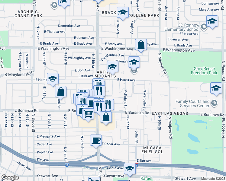 map of restaurants, bars, coffee shops, grocery stores, and more near 728 Aster Lane in Las Vegas