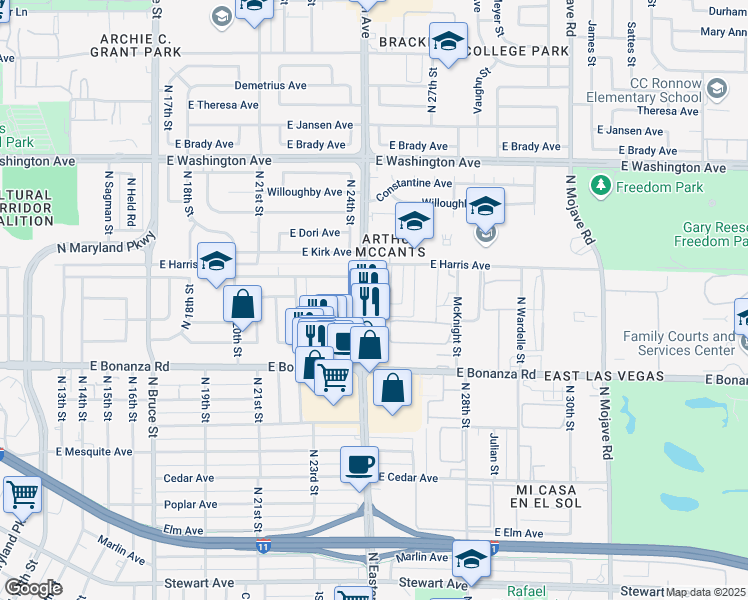 map of restaurants, bars, coffee shops, grocery stores, and more near 730 North Eastern Avenue in Las Vegas