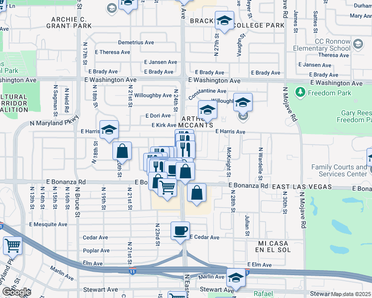 map of restaurants, bars, coffee shops, grocery stores, and more near 730 North Eastern Avenue in Las Vegas