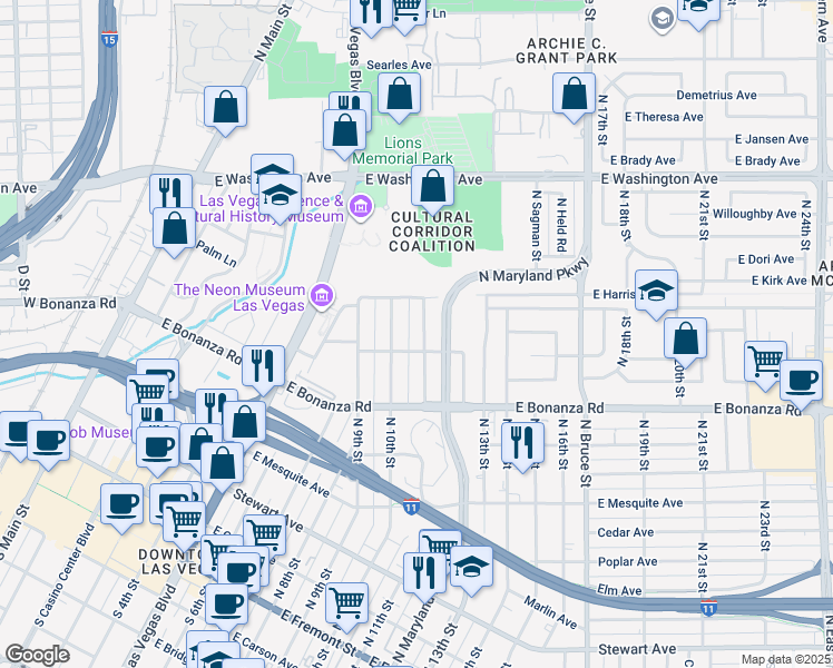 map of restaurants, bars, coffee shops, grocery stores, and more near 732 North Maryland Parkway in Las Vegas