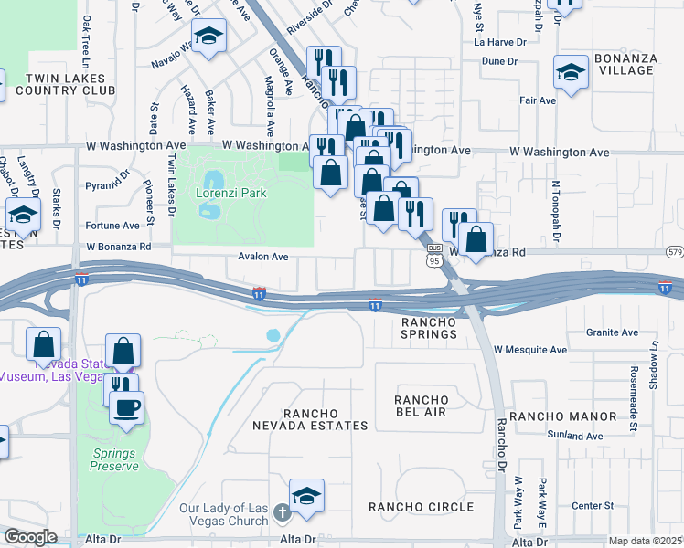 map of restaurants, bars, coffee shops, grocery stores, and more near 2900 Avalon Avenue in Las Vegas