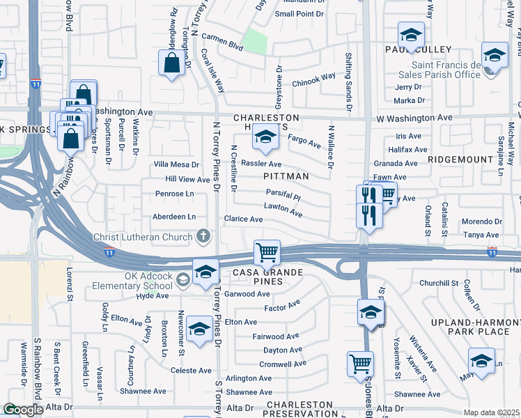 map of restaurants, bars, coffee shops, grocery stores, and more near 6313 Parsifal Place in Las Vegas
