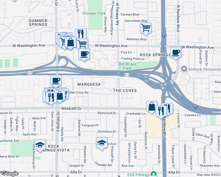 map of restaurants, bars, coffee shops, grocery stores, and more near 7100 West Pirates Cove Road in Las Vegas