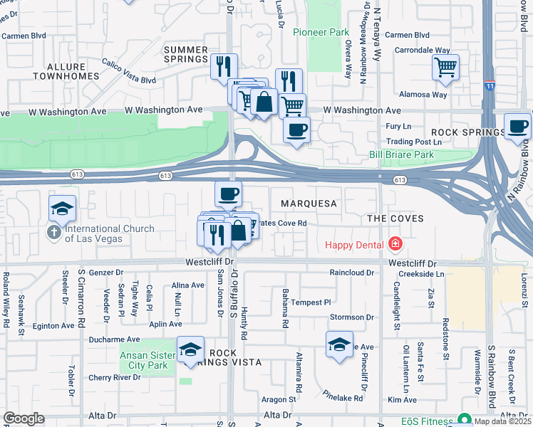 map of restaurants, bars, coffee shops, grocery stores, and more near 7400 West Pirates Cove Road in Las Vegas
