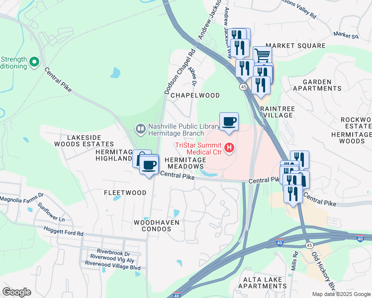 map of restaurants, bars, coffee shops, grocery stores, and more near in Nashville